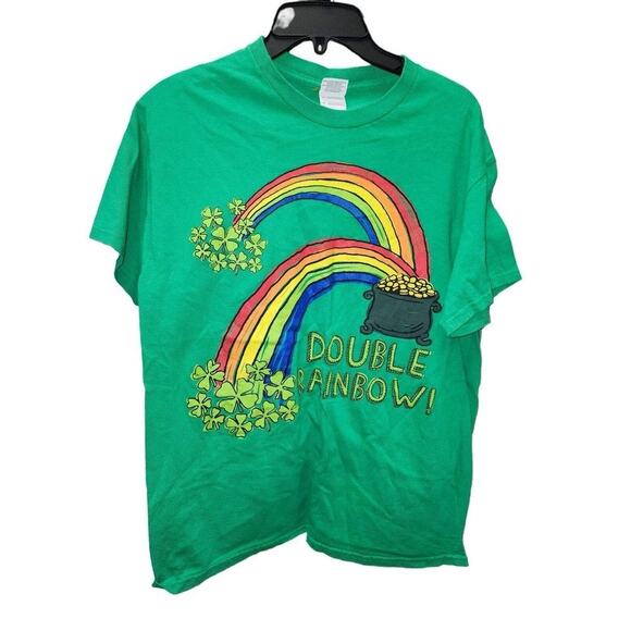 Gildan Medium Green Double Rainbow Pot of Gold T-Shirt Tee‎ Top - Picture 1 of 5